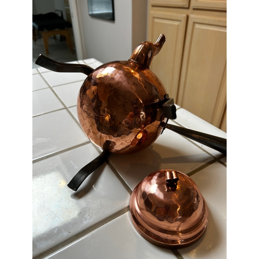 Vintage Copper Teapot with Black Metal Stand and Lid Hammered Finish - Picture 2 of 5
